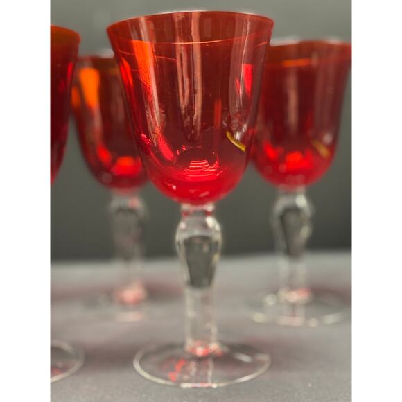 Set of 5 Handblown Ruby Red Bell-Shaped Goblets with Clear Stems – Elegant - Picture 5 of 12